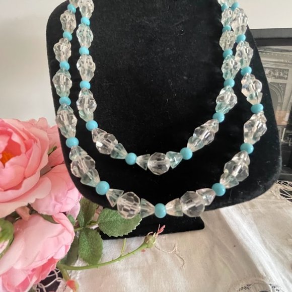 1970s Boho Clear Crystal and Blue Bead Long Necklace - Picture 3 of 10